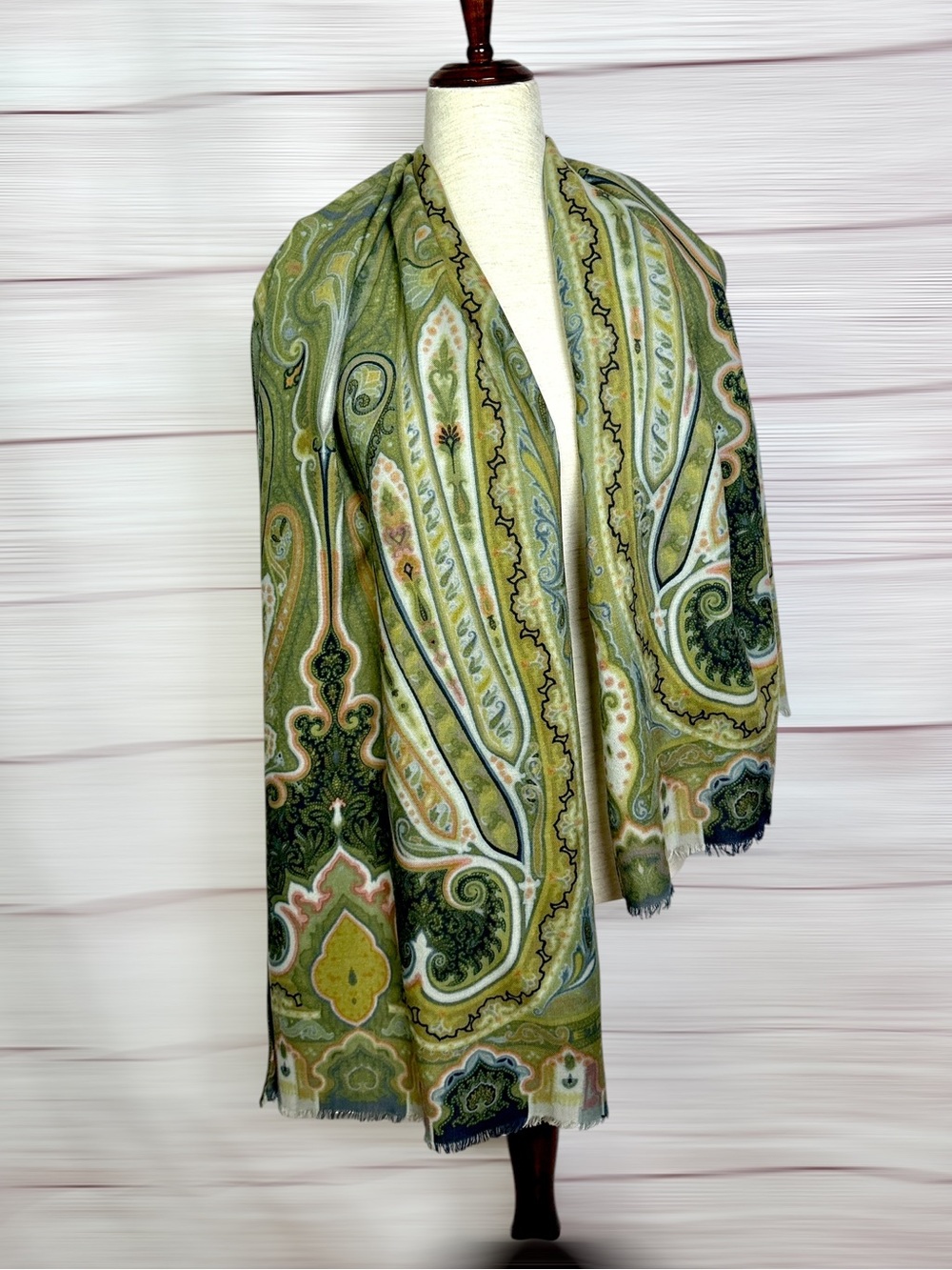 ETRO Milano Large Wool Silk Scarf 63x25" Paisley Print Olive Green Ivory Italy